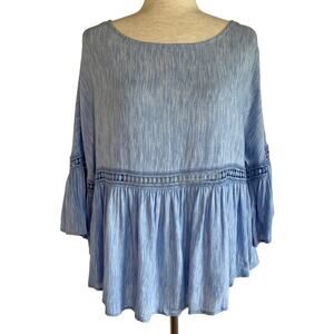 GIANNI BINI Bohemian Babydoll Lace Trim Top Heather Blue Size Small Bell Sleeve